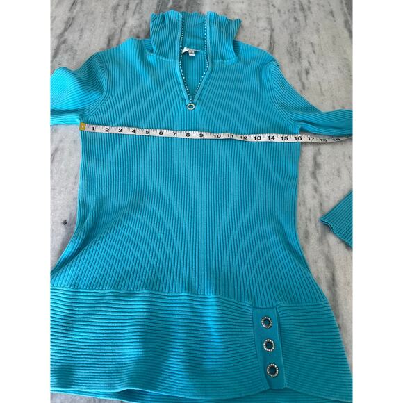 Cache- Cyan Blue Ribbed Knit Pullover Sweater Rhinestones Size Large - Picture 6 of 9